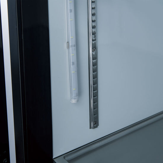 Coldline CLM-54R 54-inch double glass swing door merchandiser refrigerator in black features energy-efficient LED lighting, anti-fog glass doors, digital temperature control, and adjustable shelves, ideal for displaying beverages and perishables in commercial settings.