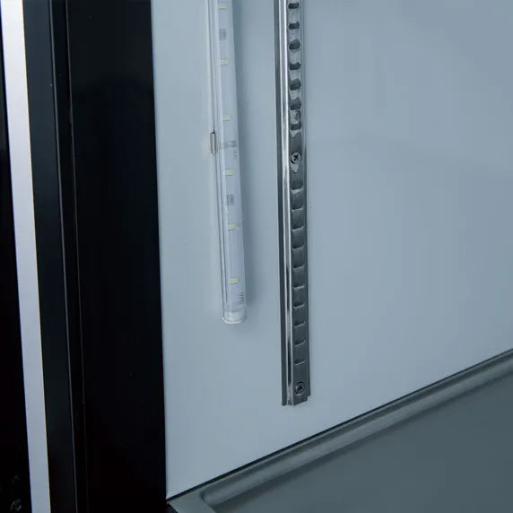 Coldline G80S-B 78-inch three glass sliding door merchandiser refrigerator with LED lighting in black, ideal for retail display of beverages and chilled products with high visibility and easy customer access.
