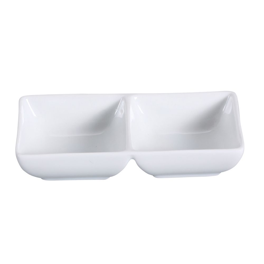 Yanco Double Dish LK-505 is a stylish and functional addition to any restaurant or dining hall. Designed with two separate compartments, this dish is perfect for serving multiple sauces or condiments side by side while maintaining a sleek presentation. Crafted from durable bone white porcelain, it offers both elegance and reliability for commercial settings. This dish is oven, dishwasher, and microwave safe, ensuring convenience and ease of use in busy food service environments.