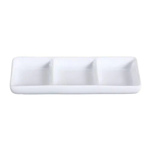 Yanco Triple Dish LK-506 is a stylish and practical addition to any restaurant or dining hall. Designed with three separate compartments, this dish is perfect for serving multiple sauces or condiments in one elegant presentation. Ideal for group dining and parties, it enhances the dining experience by offering a convenient way to share different flavors. Crafted from durable bone white porcelain, it ensures long-lasting use in commercial settings. 