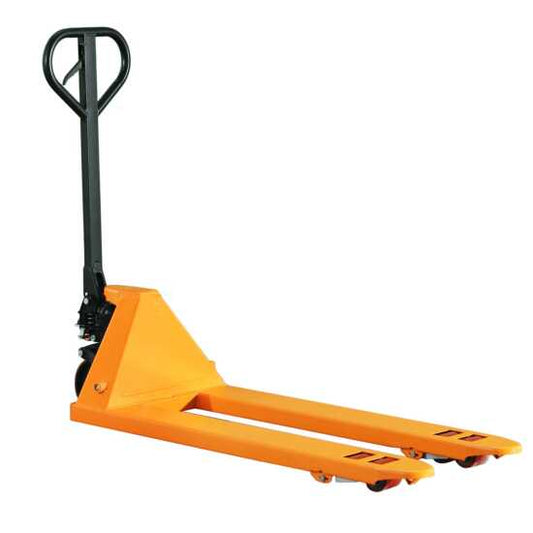 The HiLo JACK-4N Narrow Pallet Jack, with a 4400 lb capacity, is designed for maneuvering heavy loads in tight spaces, making it ideal for warehouses and industrial environments with narrow aisles.