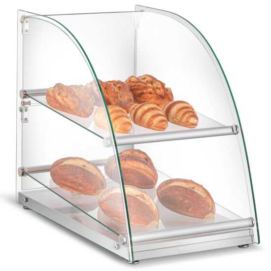 Marchia CA70 Curved Glass Dry Countertop Food Display Case, ideal for presenting baked goods, pastries, and snacks with style and visibility in cafes, bakeries, and food service establishments.