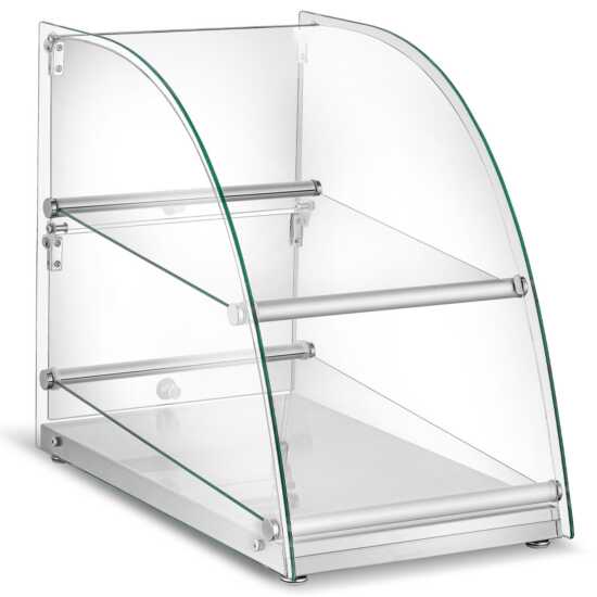 Marchia CA70 Curved Glass Dry Countertop Food Display Case, ideal for presenting baked goods, pastries, and snacks with style and visibility in cafes, bakeries, and food service establishments.