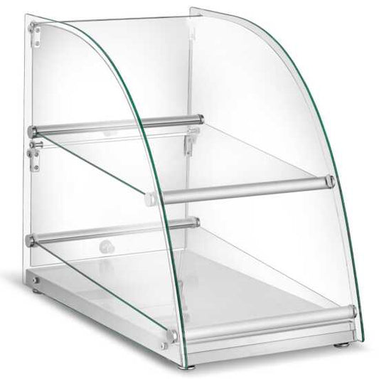 Marchia CA70 Curved Glass Dry Countertop Food Display Case, ideal for presenting baked goods, pastries, and snacks with style and visibility in cafes, bakeries, and food service establishments.