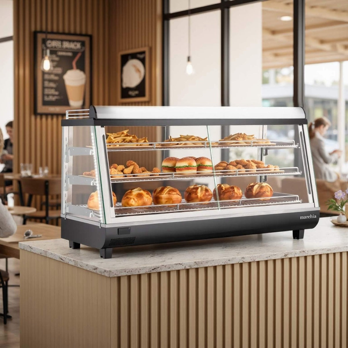 Marchia MHCC186 48" heated countertop display with front and rear doors, designed for keeping large quantities of hot foods warm and easily accessible, ideal for high-traffic settings in cafés, delis, and food service areas.