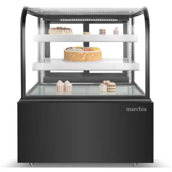 The Marchia MB36-B 36-inch Curved Glass Refrigerated Bakery Display Case in black, designed to display baked goods, desserts, and pastries while maintaining freshness and optimal temperature. Ideal for bakeries, cafés, and delis.