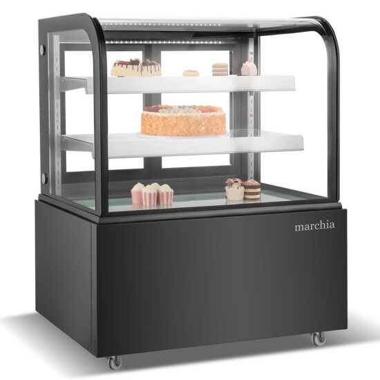 The Marchia MB36-B 36-inch Curved Glass Refrigerated Bakery Display Case in black, designed to display baked goods, desserts, and pastries while maintaining freshness and optimal temperature. Ideal for bakeries, cafés, and delis.