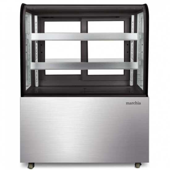 The Marchia MB36 36-inch Curved Glass Refrigerated Bakery Display Case in stainless steel, ideal for showcasing baked goods, desserts, and pastries while keeping them fresh and cool. Perfect for bakeries, cafés, or delis.