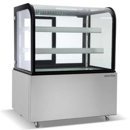 The Marchia MB36 36-inch Curved Glass Refrigerated Bakery Display Case in stainless steel, ideal for showcasing baked goods, desserts, and pastries while keeping them fresh and cool. Perfect for bakeries, cafés, or delis.