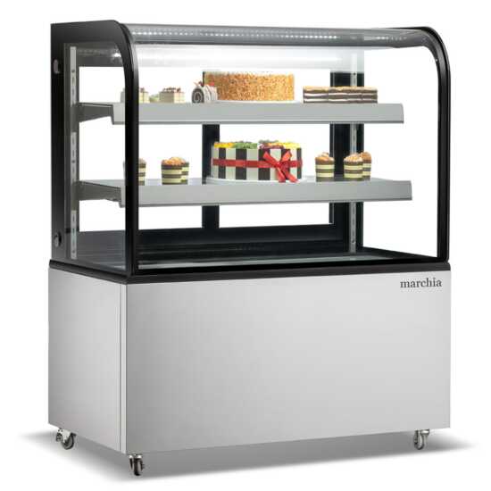 The Marchia MB36 36-inch Curved Glass Refrigerated Bakery Display Case in stainless steel, ideal for showcasing baked goods, desserts, and pastries while keeping them fresh and cool. Perfect for bakeries, cafés, or delis.