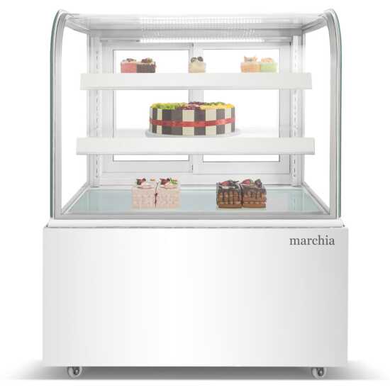 The Marchia MB36-W 36-inch Curved Glass Refrigerated Bakery Display Case in white, perfect for showcasing pastries, cakes, and desserts while keeping them fresh and at optimal temperature. Ideal for bakeries, cafés, and delis.