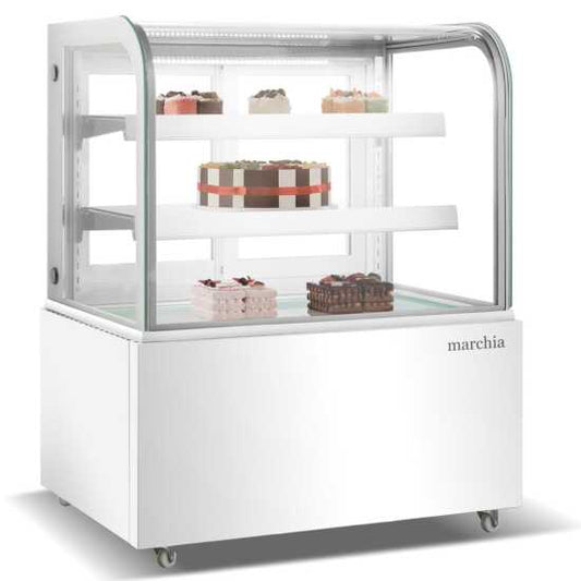 The Marchia MB36-W 36-inch Curved Glass Refrigerated Bakery Display Case in white, perfect for showcasing pastries, cakes, and desserts while keeping them fresh and at optimal temperature. Ideal for bakeries, cafés, and delis.