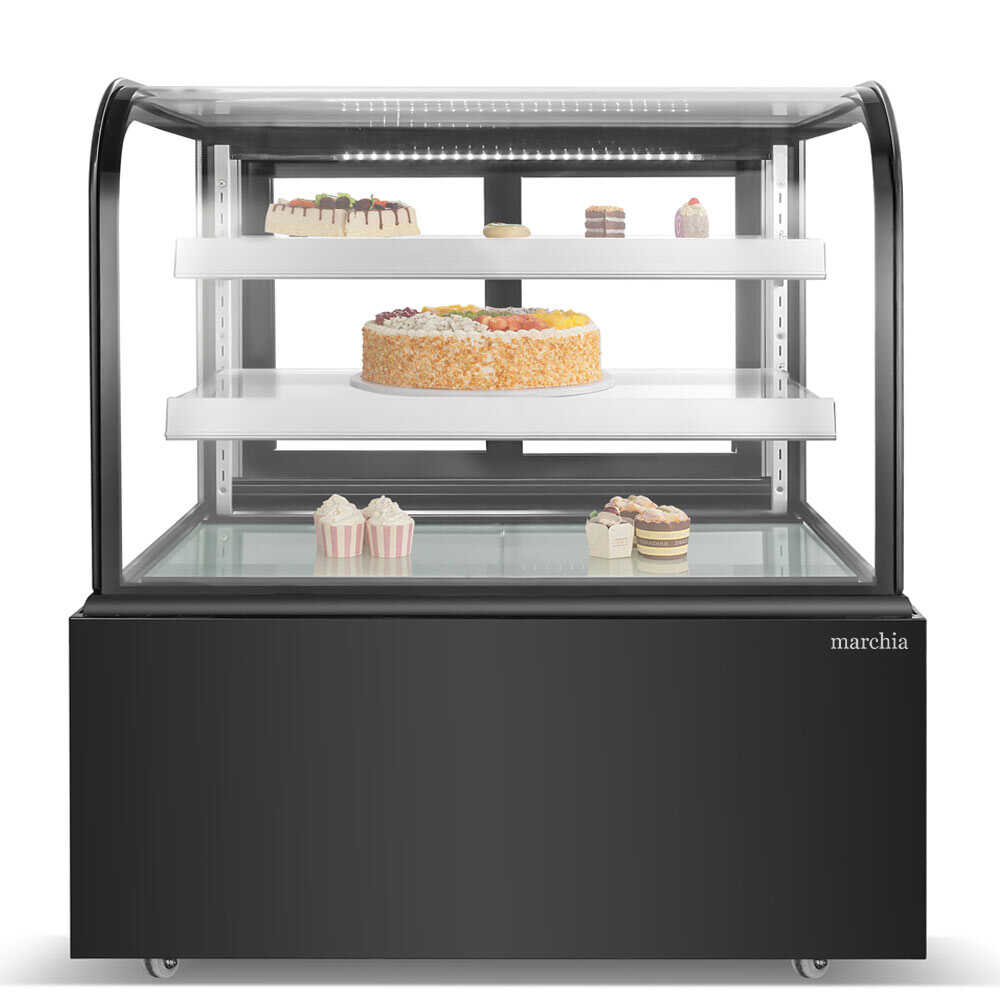 The Marchia MB48 48-inch Curved Glass Refrigerated Bakery Display Case in stainless steel, designed to elegantly display a variety of baked goods, pastries, and desserts while maintaining optimal freshness. Ideal for bakeries, cafés, and delis.