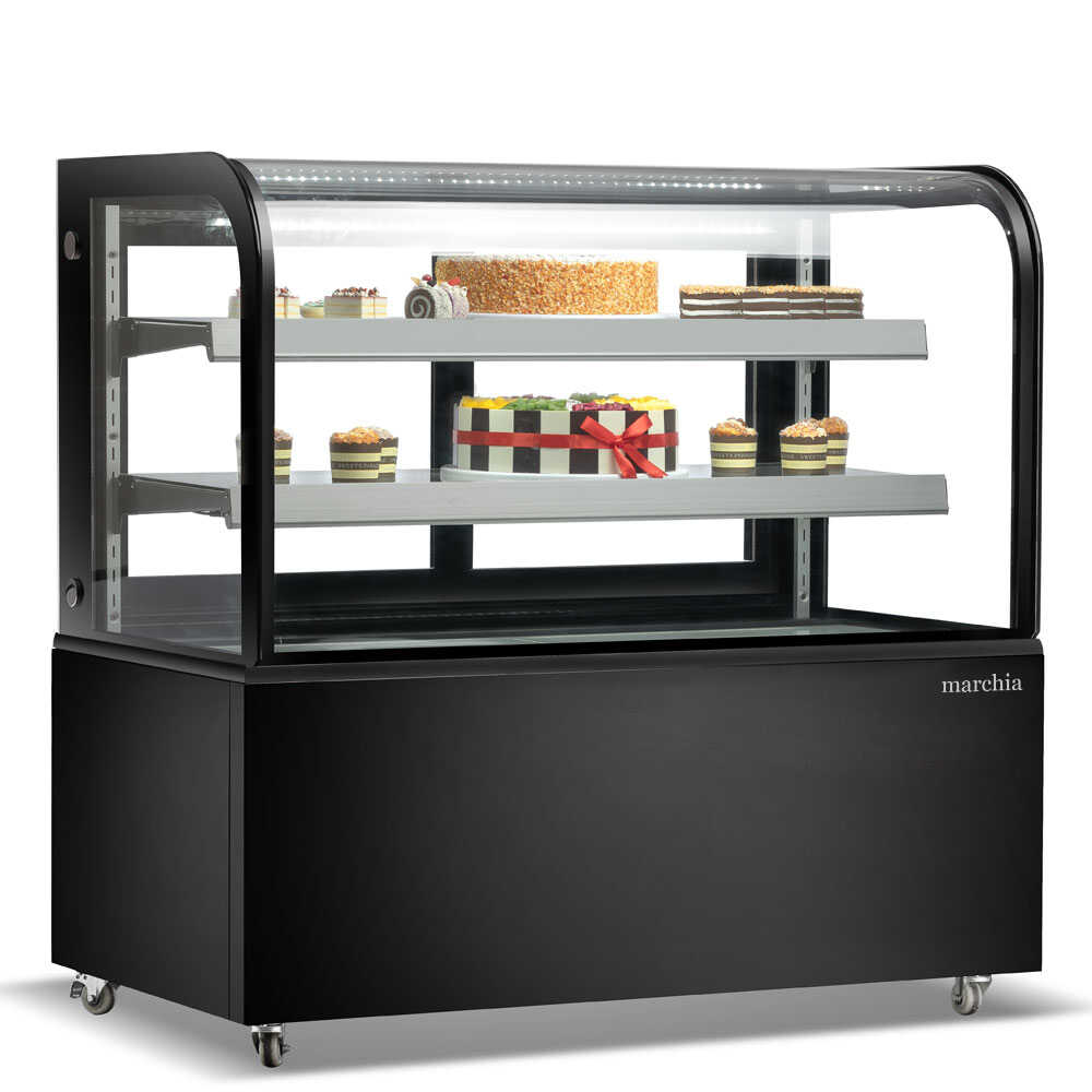 The Marchia MB48 48-inch Curved Glass Refrigerated Bakery Display Case in stainless steel, designed to elegantly display a variety of baked goods, pastries, and desserts while maintaining optimal freshness. Ideal for bakeries, cafés, and delis.