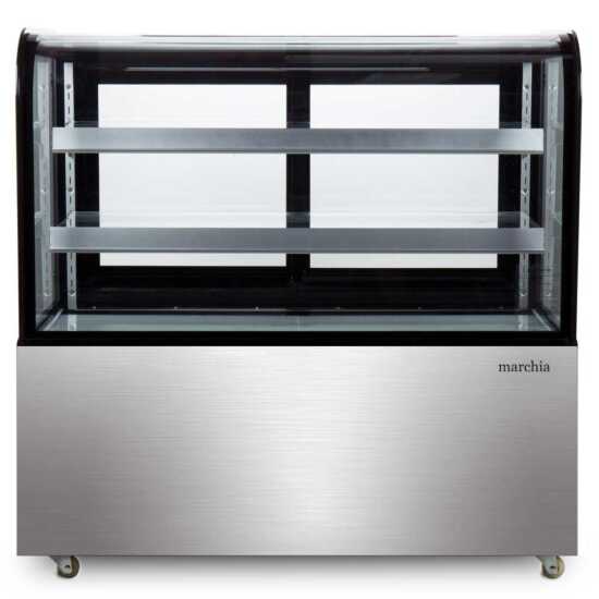 The Marchia MB48 48-inch Curved Glass Refrigerated Bakery Display Case in stainless steel, designed to elegantly display a variety of baked goods, pastries, and desserts while maintaining optimal freshness. Ideal for bakeries, cafés, and delis.