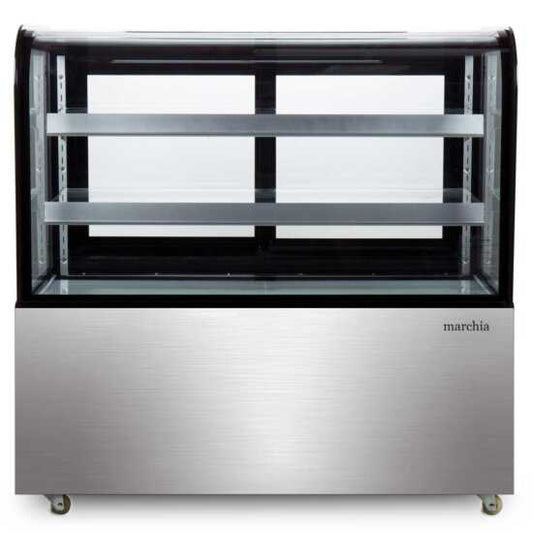 The Marchia MB48 48-inch Curved Glass Refrigerated Bakery Display Case in stainless steel, designed to elegantly display a variety of baked goods, pastries, and desserts while maintaining optimal freshness. Ideal for bakeries, cafés, and delis.