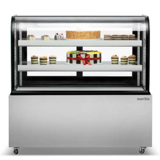 The Marchia MB48 48-inch Curved Glass Refrigerated Bakery Display Case in stainless steel, designed to elegantly display a variety of baked goods, pastries, and desserts while maintaining optimal freshness. Ideal for bakeries, cafés, and delis.