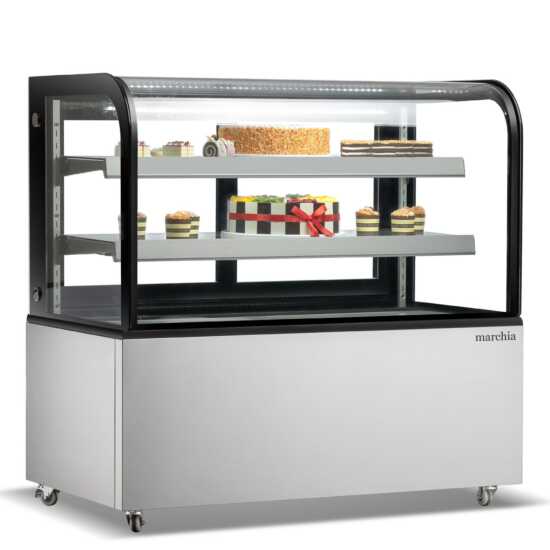 The Marchia MB48 48-inch Curved Glass Refrigerated Bakery Display Case in stainless steel, designed to elegantly display a variety of baked goods, pastries, and desserts while maintaining optimal freshness. Ideal for bakeries, cafés, and delis.