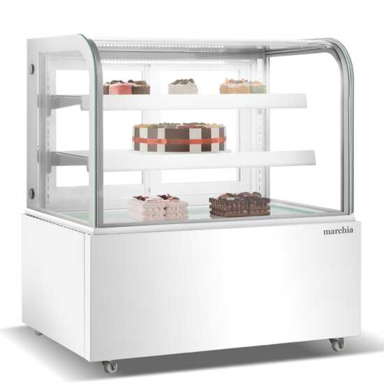 The Marchia MB48-W 48-inch Curved Glass Refrigerated Bakery Display Case in white, designed to showcase a variety of pastries, cakes, and desserts while keeping them fresh and at the perfect temperature. Ideal for bakeries, cafés, and delis.