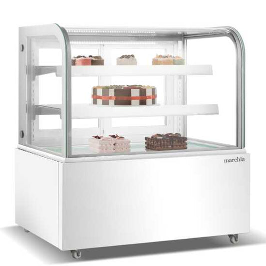 The Marchia MB48-W 48-inch Curved Glass Refrigerated Bakery Display Case in white, designed to showcase a variety of pastries, cakes, and desserts while keeping them fresh and at the perfect temperature. Ideal for bakeries, cafés, and delis.
