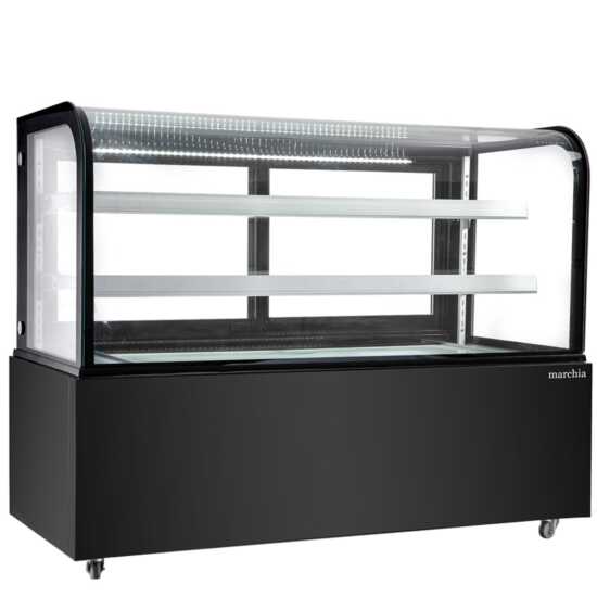 The Marchia MB60-B 60-inch Black Curved Glass Refrigerated Bakery Display Case, designed to showcase a variety of pastries, cakes, and desserts while keeping them fresh and cool. Ideal for bakeries, cafés, and delis.