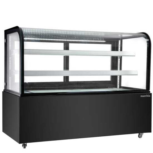 The Marchia MB60-B 60-inch Black Curved Glass Refrigerated Bakery Display Case, designed to showcase a variety of pastries, cakes, and desserts while keeping them fresh and cool. Ideal for bakeries, cafés, and delis.
