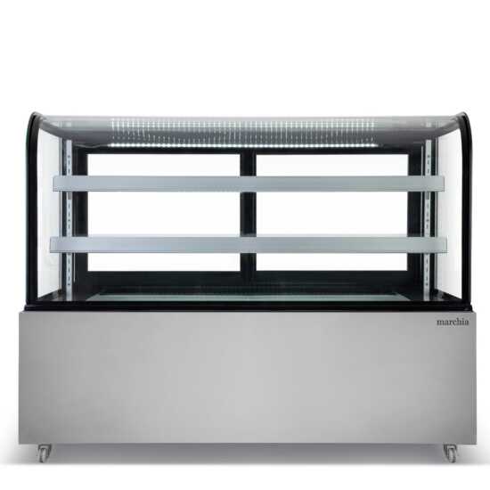 The Marchia MB60 60-inch Curved Glass Refrigerated Bakery Display Case, ideal for displaying a wide range of baked goods, pastries, and desserts while ensuring they stay fresh and cool. Perfect for bakeries, cafés, and delis.