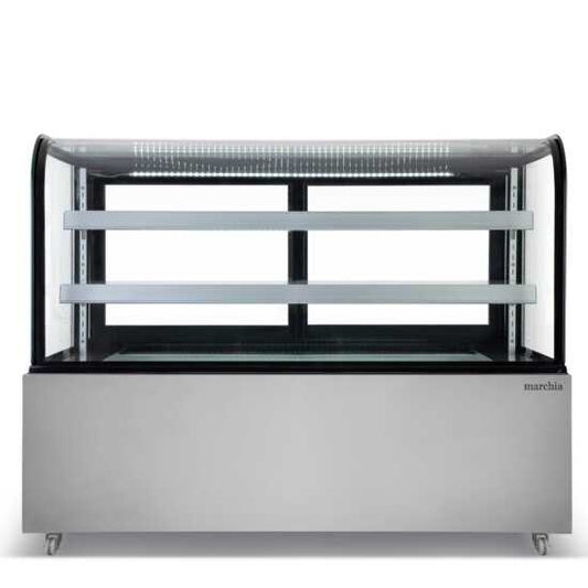 The Marchia MB60 60-inch Curved Glass Refrigerated Bakery Display Case, ideal for displaying a wide range of baked goods, pastries, and desserts while ensuring they stay fresh and cool. Perfect for bakeries, cafés, and delis.