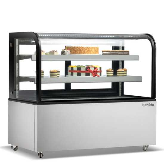 The Marchia MB60 60-inch Curved Glass Refrigerated Bakery Display Case, ideal for displaying a wide range of baked goods, pastries, and desserts while ensuring they stay fresh and cool. Perfect for bakeries, cafés, and delis.