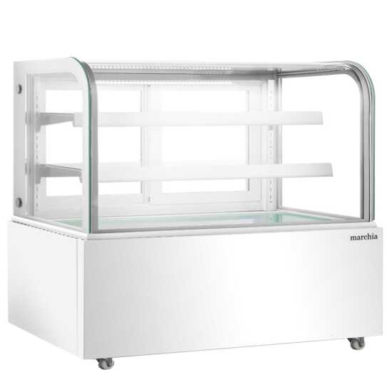 The Marchia MB60-W 60-inch White Curved Glass Refrigerated Bakery Display Case, perfect for elegantly displaying a variety of pastries, cakes, and desserts while maintaining freshness and optimal temperature. Ideal for bakeries, cafés, and delis.