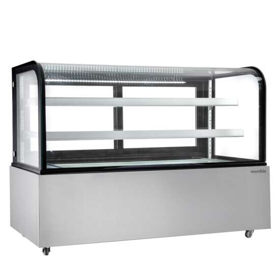 Marchia MB72 72-inch curved glass refrigerated bakery display case in stainless steel. Sleek design with adjustable shelves for showcasing cakes, pastries, and desserts. Ideal for bakeries, cafes, and restaurants needing a stylish and reliable display solution.