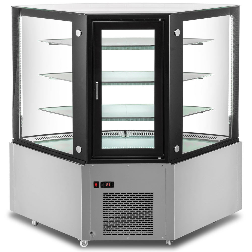 The Marchia MBT-ST-C Corner Refrigerated Bakery Display Case with straight glass, designed to fit into corners and showcase pastries, cakes, and desserts while maintaining freshness and optimal temperature. Ideal for bakeries, cafés, and delis.