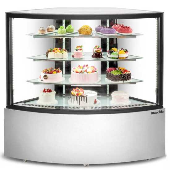 The Marchia MBT-ST-C Corner Refrigerated Bakery Display Case with straight glass, designed to fit into corners and showcase pastries, cakes, and desserts while maintaining freshness and optimal temperature. Ideal for bakeries, cafés, and delis.