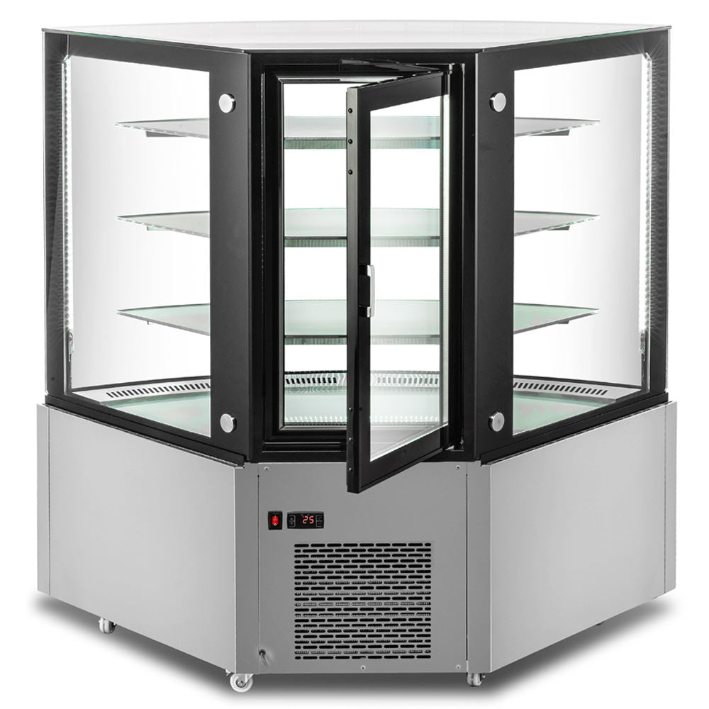 The Marchia MBT-ST-C Corner Refrigerated Bakery Display Case with straight glass, designed to fit into corners and showcase pastries, cakes, and desserts while maintaining freshness and optimal temperature. Ideal for bakeries, cafés, and delis.