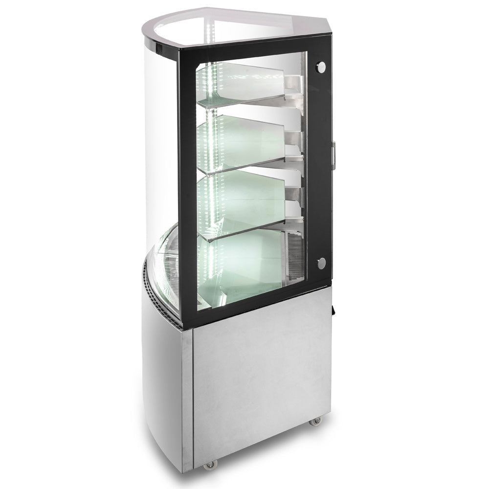 The Marchia MBT-ST-C Corner Refrigerated Bakery Display Case with straight glass, designed to fit into corners and showcase pastries, cakes, and desserts while maintaining freshness and optimal temperature. Ideal for bakeries, cafés, and delis.