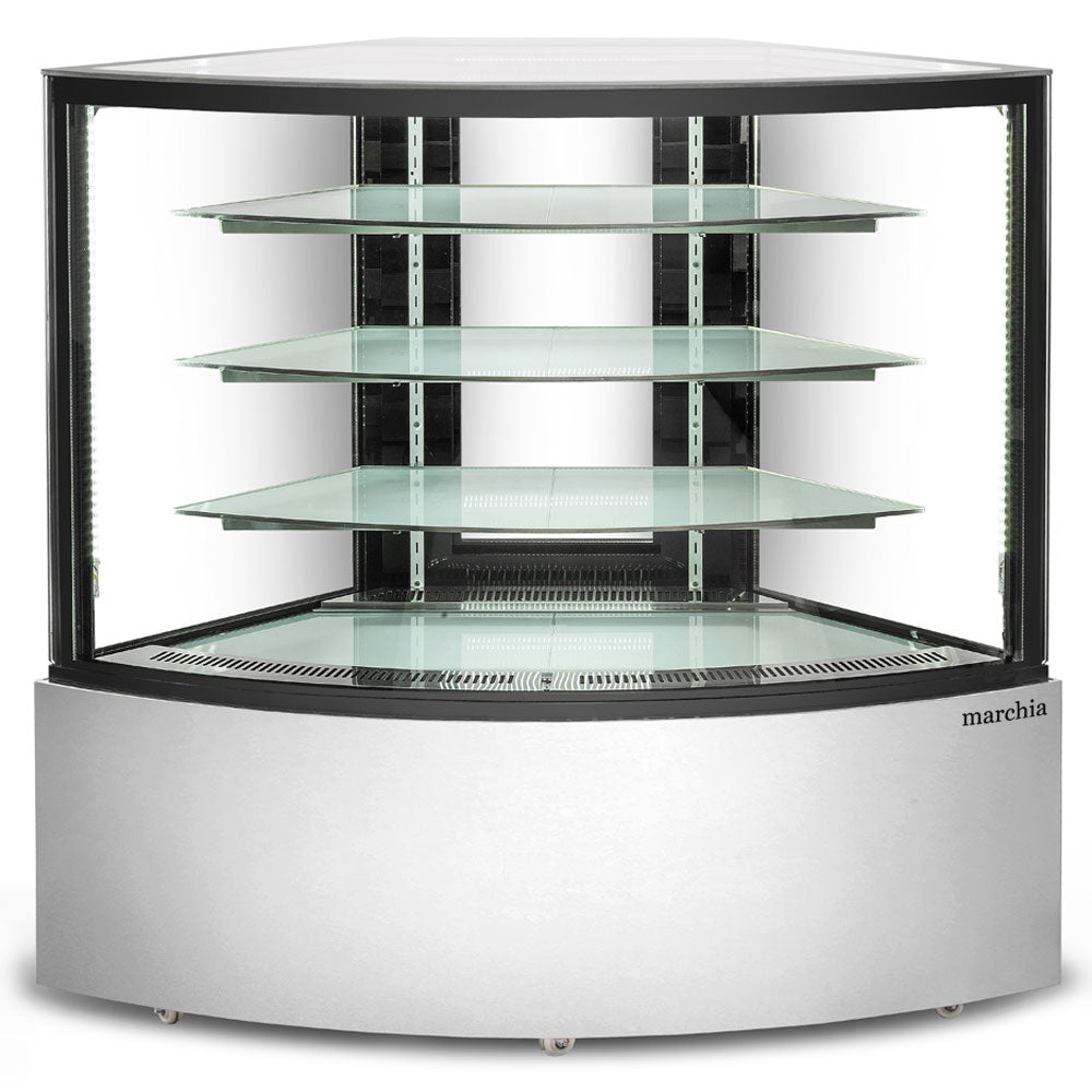 The Marchia MBT-ST-C Corner Refrigerated Bakery Display Case with straight glass, designed to fit into corners and showcase pastries, cakes, and desserts while maintaining freshness and optimal temperature. Ideal for bakeries, cafés, and delis.