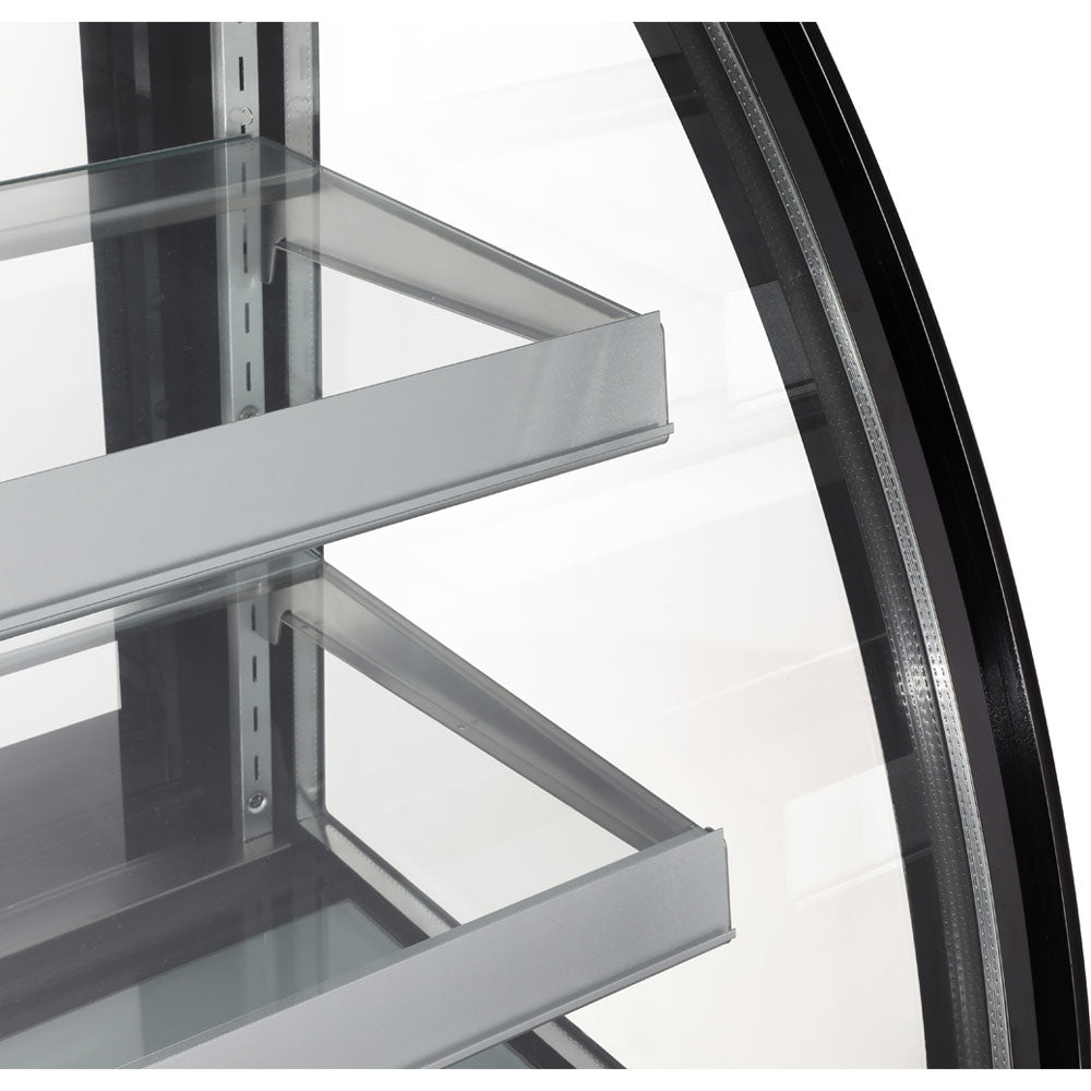 The Marchia MBT36 36-inch High Volume Curved Glass Refrigerated Bakery Display Case, designed to showcase a large quantity of baked goods, pastries, and desserts while maintaining optimal freshness and coolness. Ideal for busy bakeries, cafés, and delis.