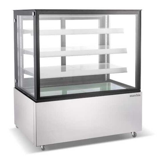 The Marchia MBT48-ST 48-inch Straight Glass Refrigerated Bakery Display Case, designed to elegantly display a wide range of baked goods, pastries, and desserts while maintaining freshness and optimal temperature. Ideal for bakeries, cafés, and delis.