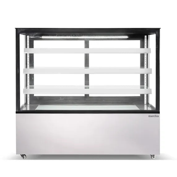 The Marchia MBT60-ST 60-inch Straight Glass Refrigerated Bakery Display Case, perfect for showcasing a large variety of pastries, cakes, and desserts while ensuring they stay fresh and at the ideal temperature. Ideal for bakeries, cafés, and delis.