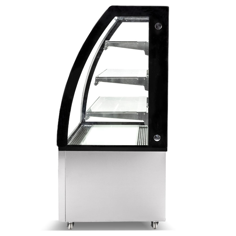 The Marchia MBT36 36-inch High Volume Curved Glass Refrigerated Bakery Display Case, designed to showcase a large quantity of baked goods, pastries, and desserts while maintaining optimal freshness and coolness. Ideal for busy bakeries, cafés, and delis.