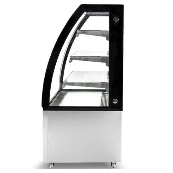 The Marchia MBT72 72-inch High Volume Curved Glass Refrigerated Bakery Display Case, designed to showcase a large assortment of pastries, cakes, and desserts while maintaining optimal freshness and temperature. Perfect for extensive bakeries, cafés, and delis.