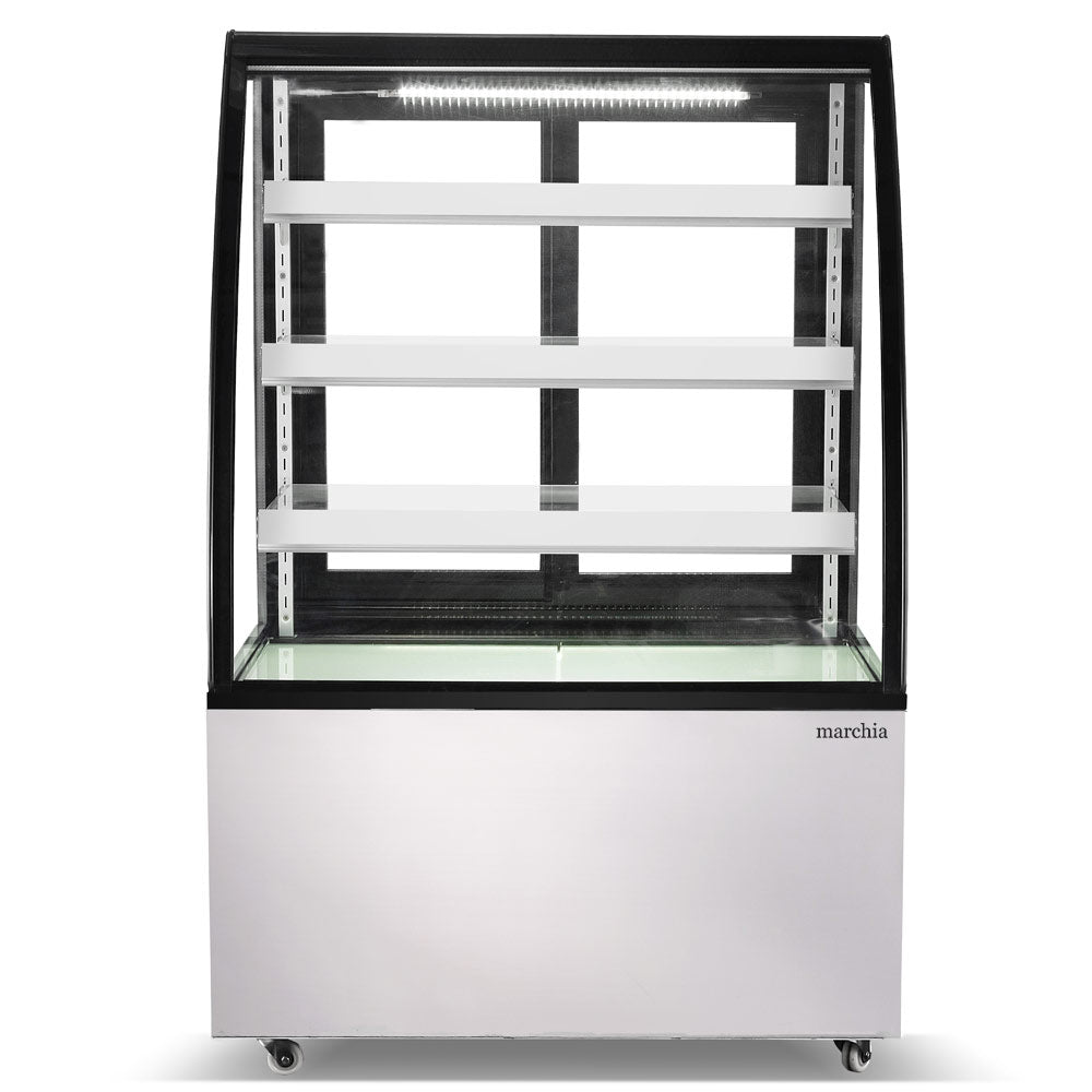 The Marchia MBT36 36-inch High Volume Curved Glass Refrigerated Bakery Display Case, designed to showcase a large quantity of baked goods, pastries, and desserts while maintaining optimal freshness and coolness. Ideal for busy bakeries, cafés, and delis.