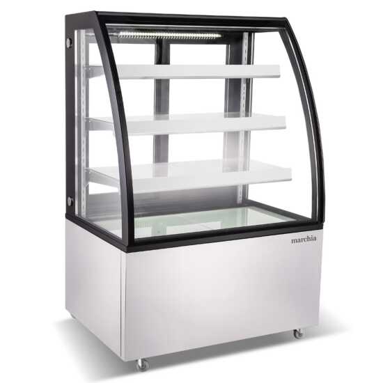 The Marchia MBT36 36-inch High Volume Curved Glass Refrigerated Bakery Display Case, designed to showcase a large quantity of baked goods, pastries, and desserts while maintaining optimal freshness and coolness. Ideal for busy bakeries, cafés, and delis.