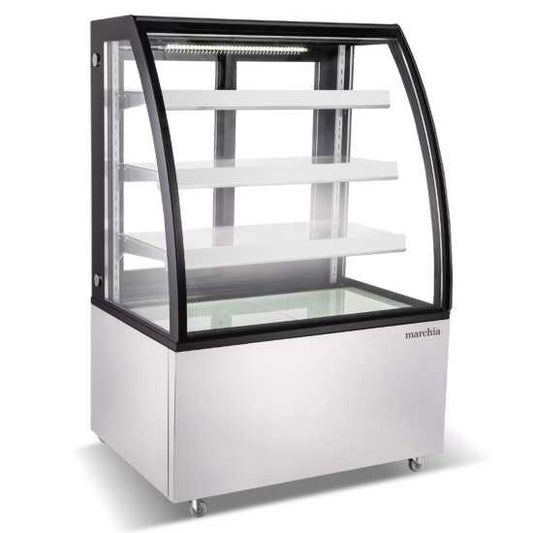 The Marchia MBT36 36-inch High Volume Curved Glass Refrigerated Bakery Display Case, designed to showcase a large quantity of baked goods, pastries, and desserts while maintaining optimal freshness and coolness. Ideal for busy bakeries, cafés, and delis.
