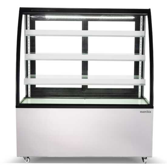 The Marchia MBT48 48-inch High Volume Curved Glass Refrigerated Bakery Display Case, designed to accommodate and elegantly display a large quantity of pastries, cakes, and desserts while keeping them fresh and cool. Perfect for high-traffic bakeries, cafés, and delis.