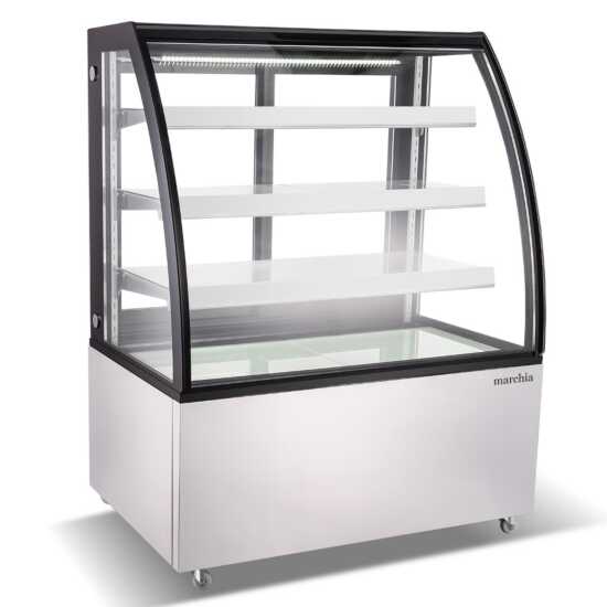 The Marchia MBT48 48-inch High Volume Curved Glass Refrigerated Bakery Display Case, designed to accommodate and elegantly display a large quantity of pastries, cakes, and desserts while keeping them fresh and cool. Perfect for high-traffic bakeries, cafés, and delis.