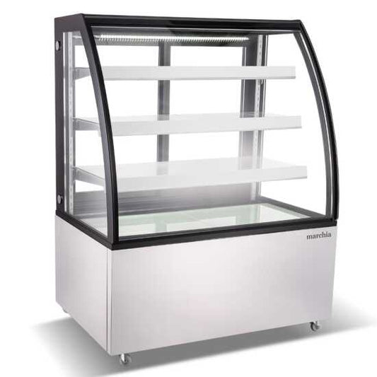 The Marchia MBT48 48-inch High Volume Curved Glass Refrigerated Bakery Display Case, designed to accommodate and elegantly display a large quantity of pastries, cakes, and desserts while keeping them fresh and cool. Perfect for high-traffic bakeries, cafés, and delis.