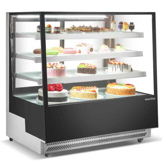 The Marchia TMB60 60-inch Refrigerated Bakery Display Case with straight glass, perfect for displaying a wide variety of pastries, cakes, and desserts while ensuring they remain fresh and at the ideal temperature. Suitable for bakeries, cafés, and delis.