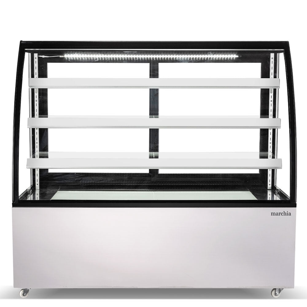 The Marchia MBT60 60-inch High Volume Curved Glass Refrigerated Bakery Display Case, designed to display a substantial amount of baked goods, pastries, and desserts while ensuring they remain fresh and cool. Ideal for large bakeries, cafés, and delis.