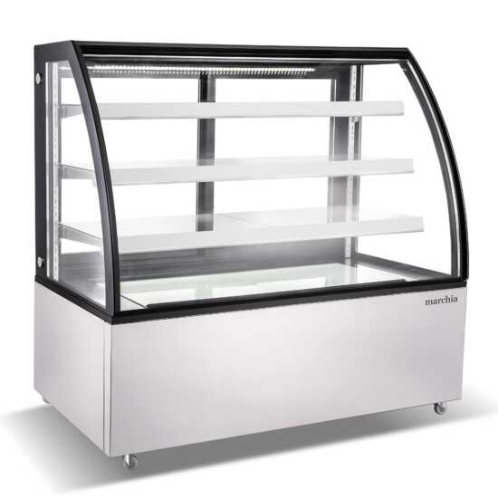 The Marchia MBT60 60-inch High Volume Curved Glass Refrigerated Bakery Display Case, designed to display a substantial amount of baked goods, pastries, and desserts while ensuring they remain fresh and cool. Ideal for large bakeries, cafés, and delis.